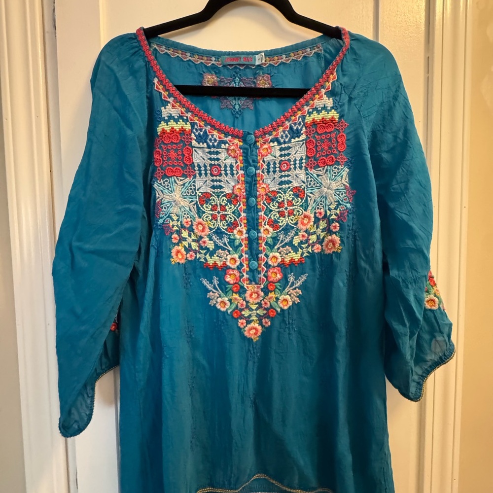 Johnny Was Embroidered Tunic Top Boho Teal Floral 3/4 Sleeve Size small